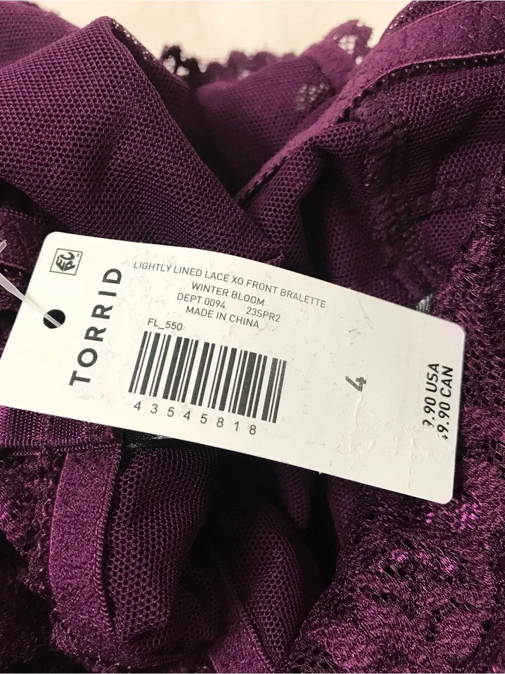 Torrid Lightly Lined Lace XO Front Bralette Size 4 / 4XL Winter Bloom Purple New